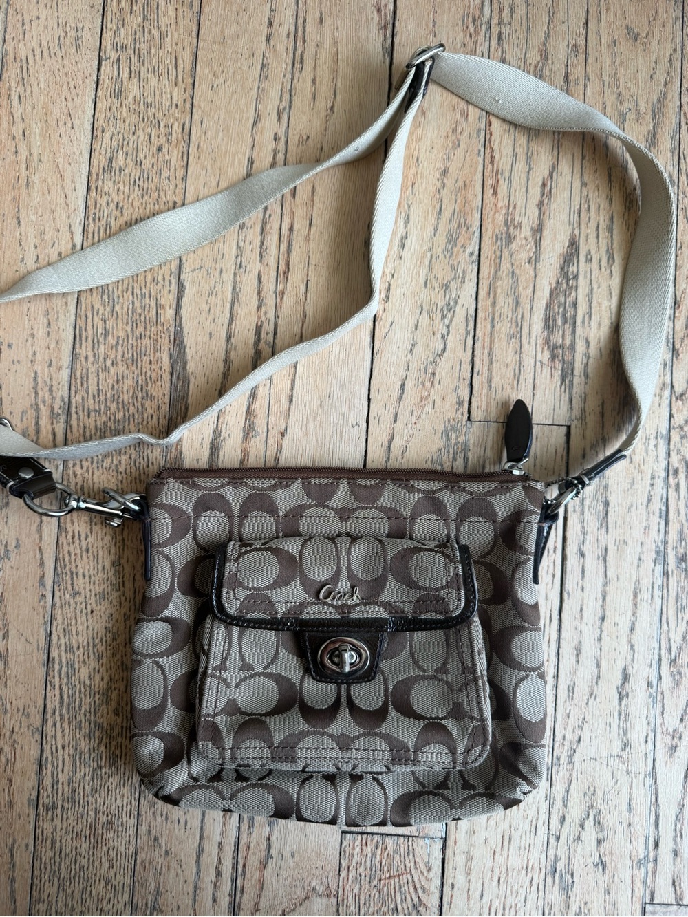 Vintage Coach Brown and Beige Signature Crossbody Bag